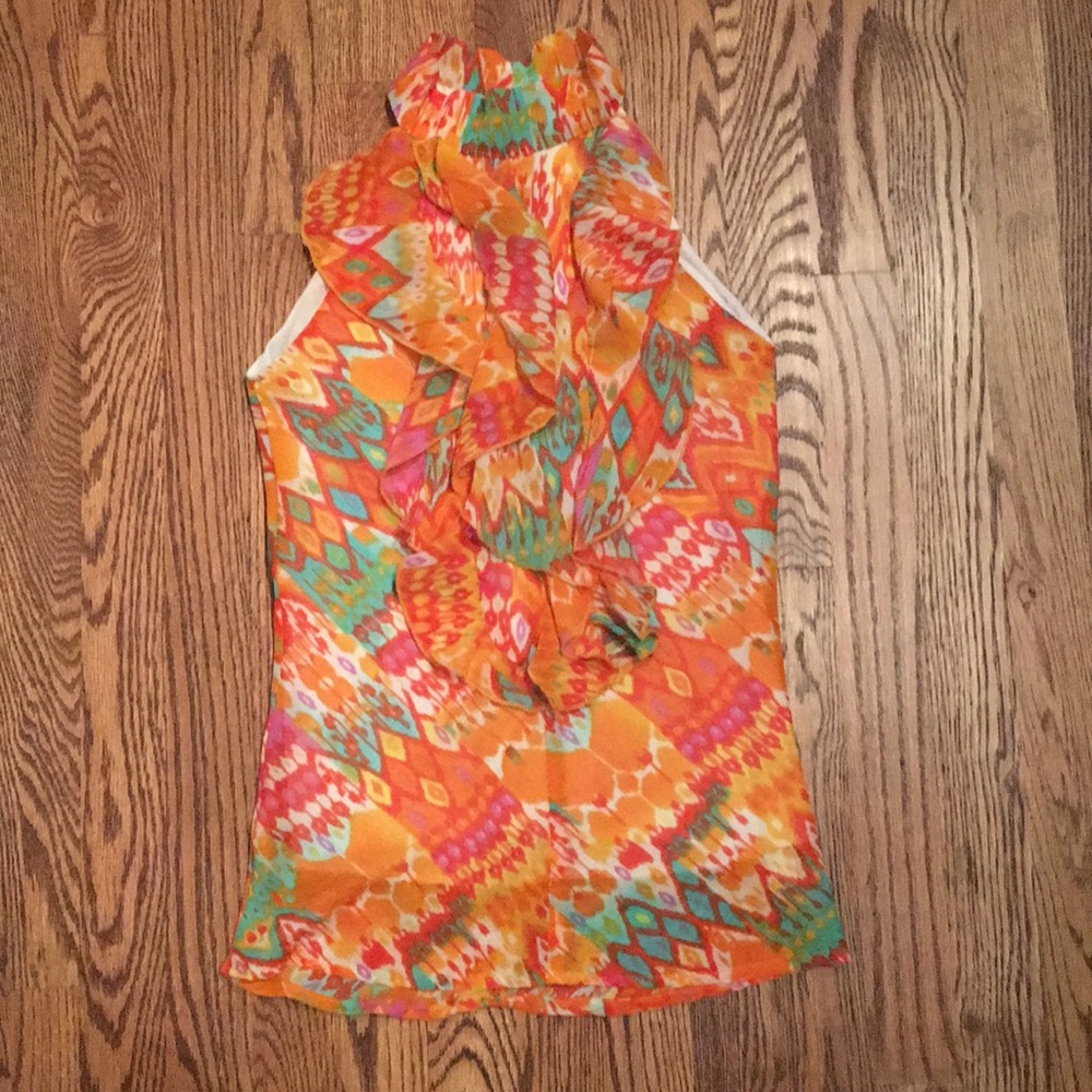 Multicolor mock neck tank with ruffles